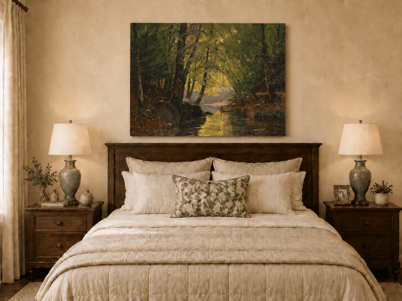 Peinture à l'huile de paysage - Ruisseau forestier ensoleillé et reflets lumineux