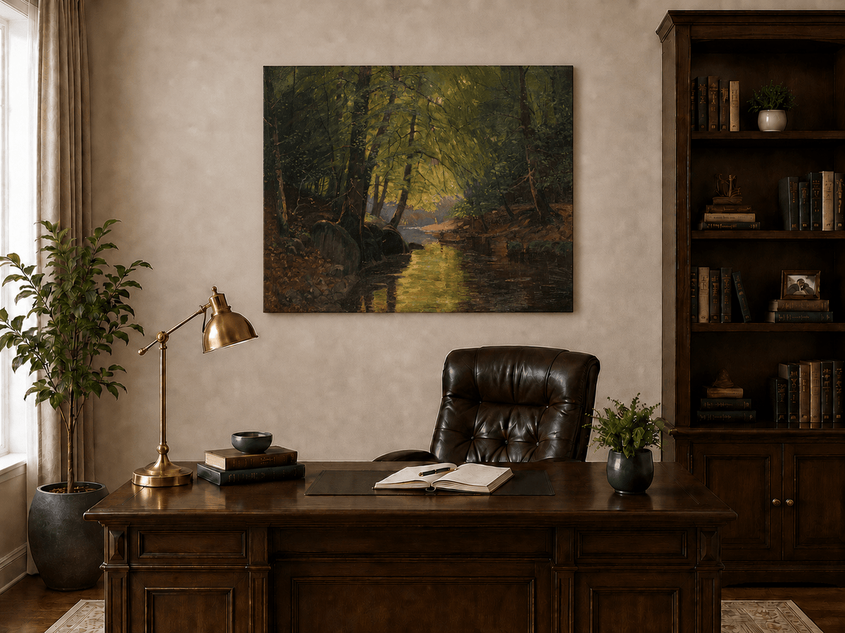 Peinture à l'huile de paysage - Ruisseau forestier ensoleillé et reflets lumineux