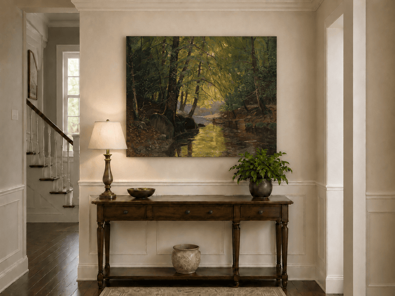 Peinture à l'huile de paysage - Ruisseau forestier ensoleillé et reflets lumineux