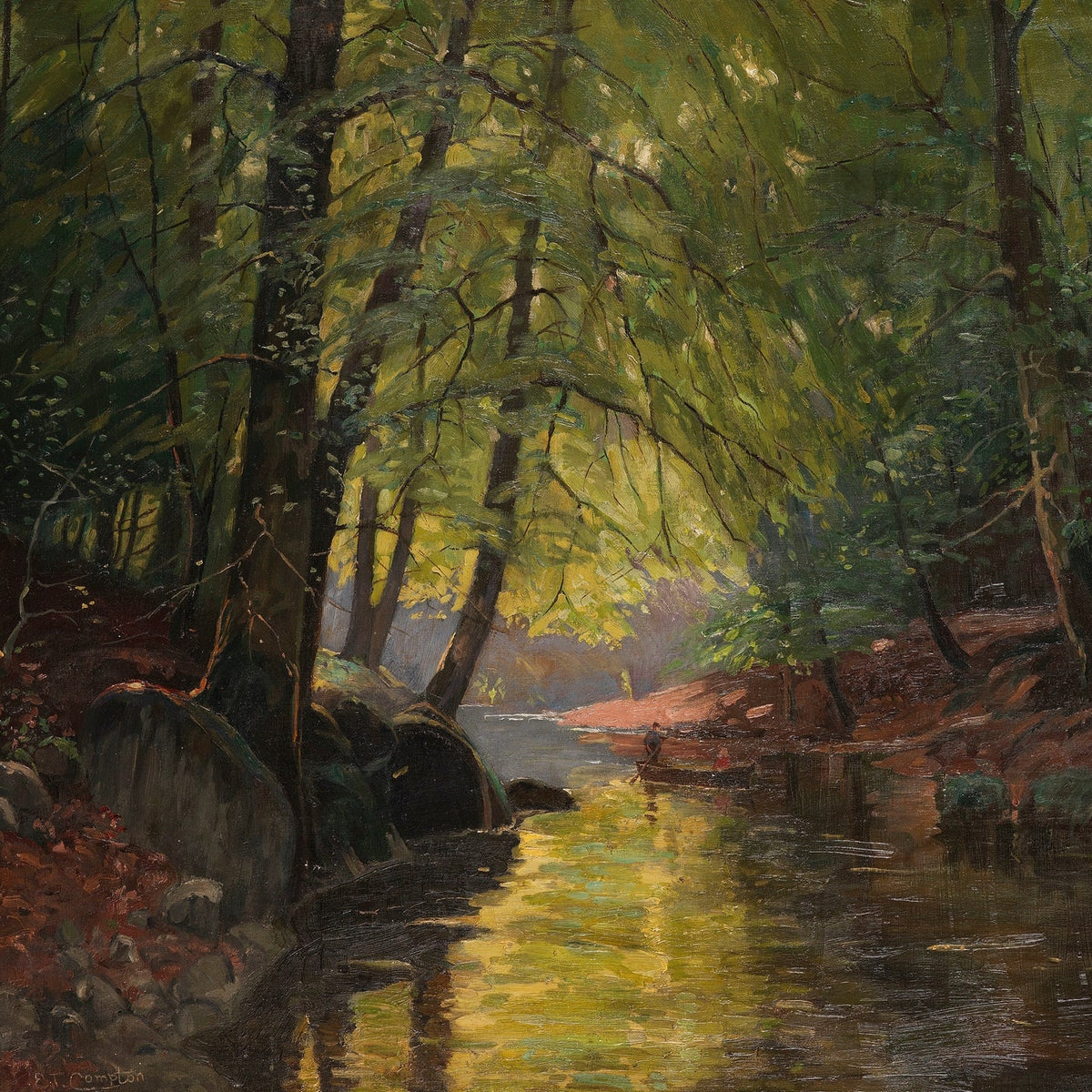Landscape Oil Painting - Sunlit forest stream & glowing reflections - Oil Painting Haven