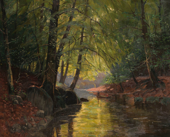 Landscape Oil Painting - Sunlit forest stream & glowing reflections - Oil Painting Haven