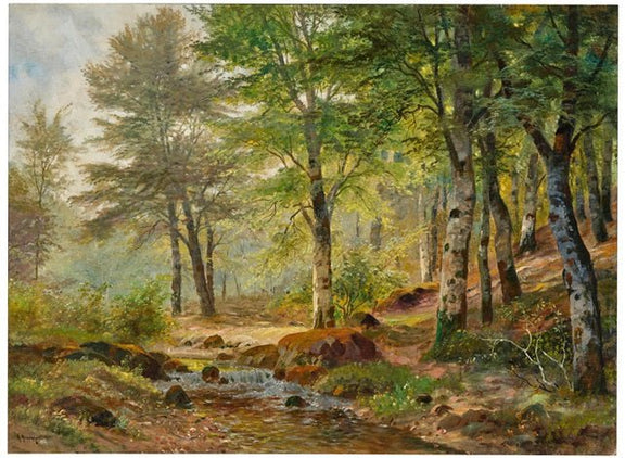 Hand-painted sunlit forest stream in early autumn landscape oil painting on canvas