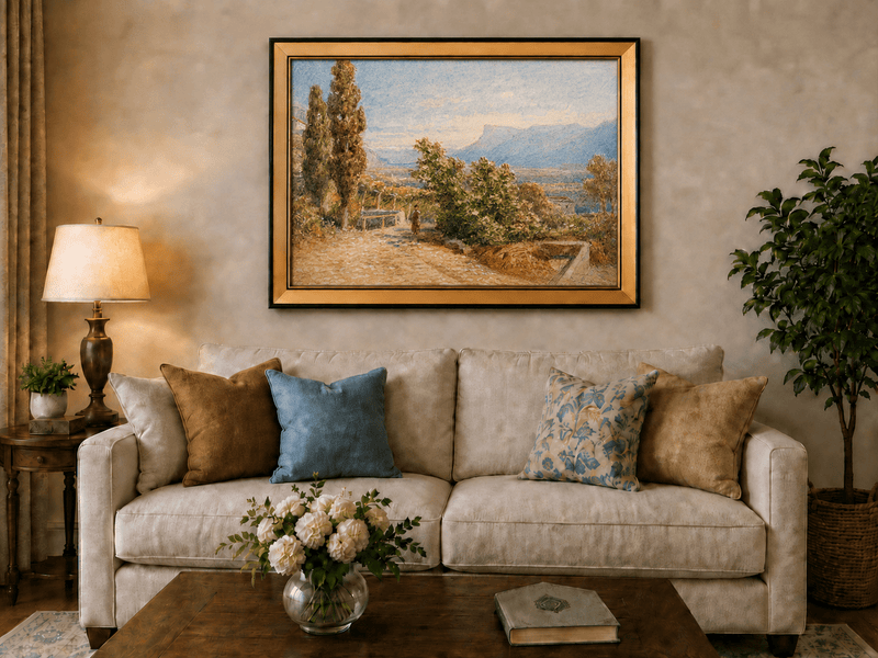 Landscape Oil Painting - Sunlit Garden Path and Distant Mountains