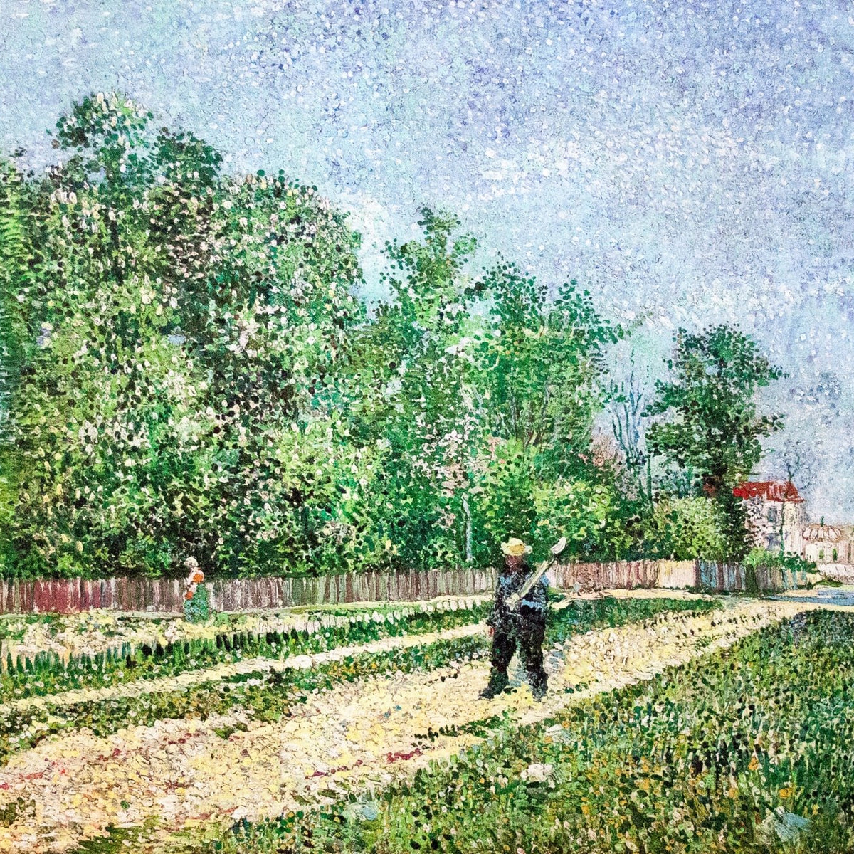 Hand-painted sunlit garden road with paris figures landscape oil painting on canvas