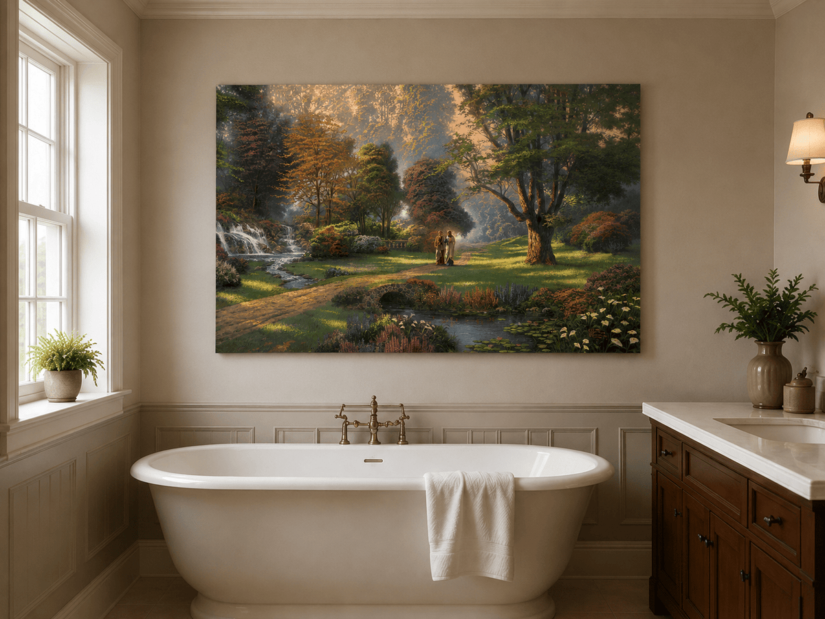 Landscape Oil Painting - Sunlit Garden Waterfall & Robed Figures