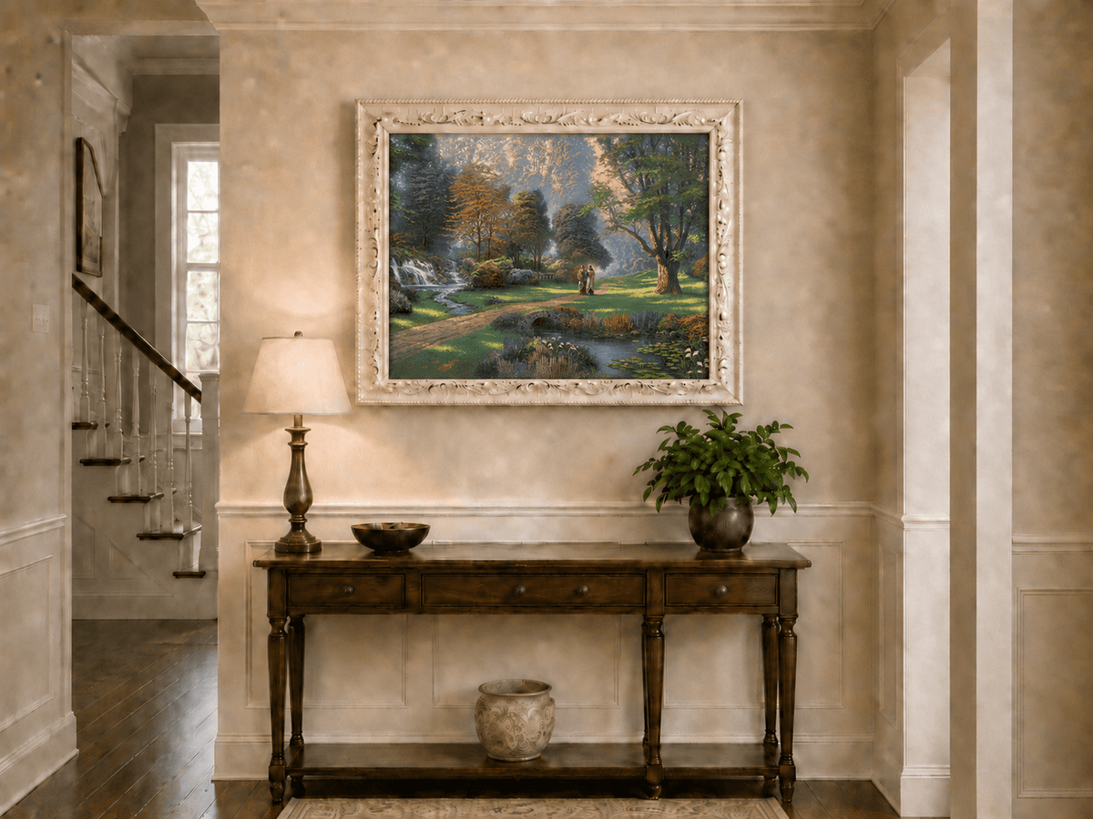 Landscape Oil Painting - Sunlit Garden Waterfall & Robed Figures