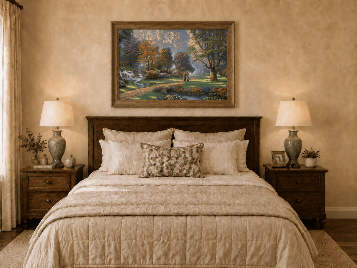 Landscape Oil Painting - Sunlit Garden Waterfall & Robed Figures