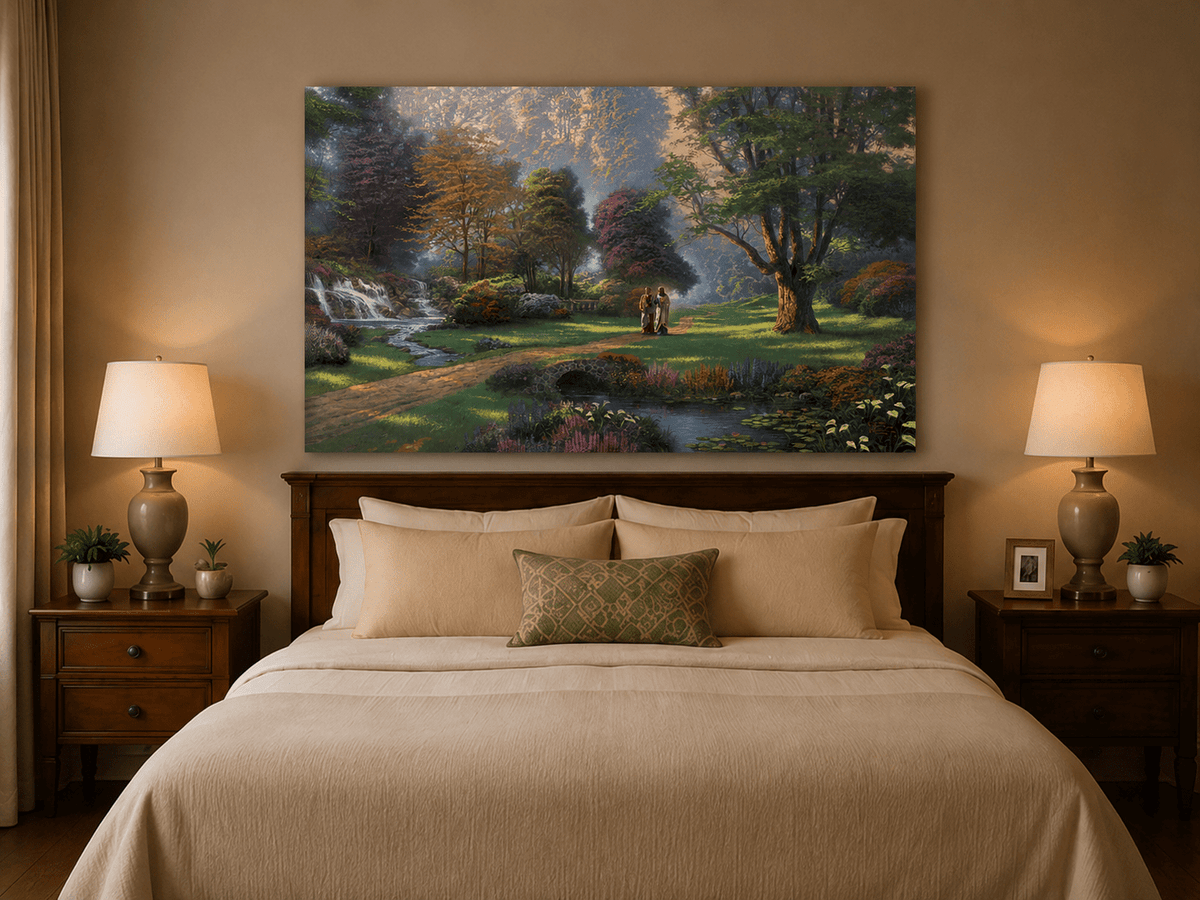 Landscape Oil Painting - Sunlit Garden Waterfall & Robed Figures