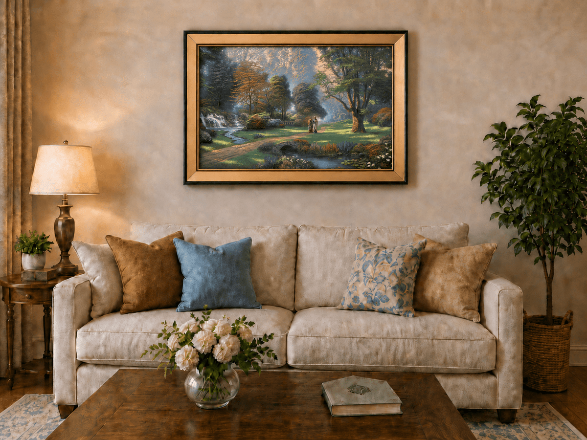 Landscape Oil Painting - Sunlit Garden Waterfall & Robed Figures