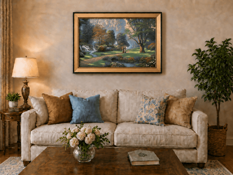 Landscape Oil Painting - Sunlit Garden Waterfall & Robed Figures