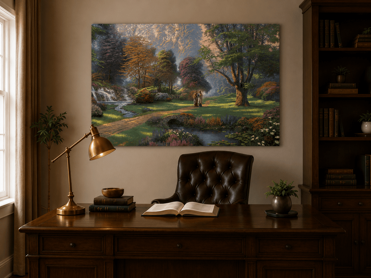 Landscape Oil Painting - Sunlit Garden Waterfall & Robed Figures