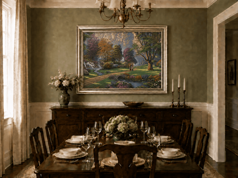 Landscape Oil Painting - Sunlit Garden Waterfall & Robed Figures