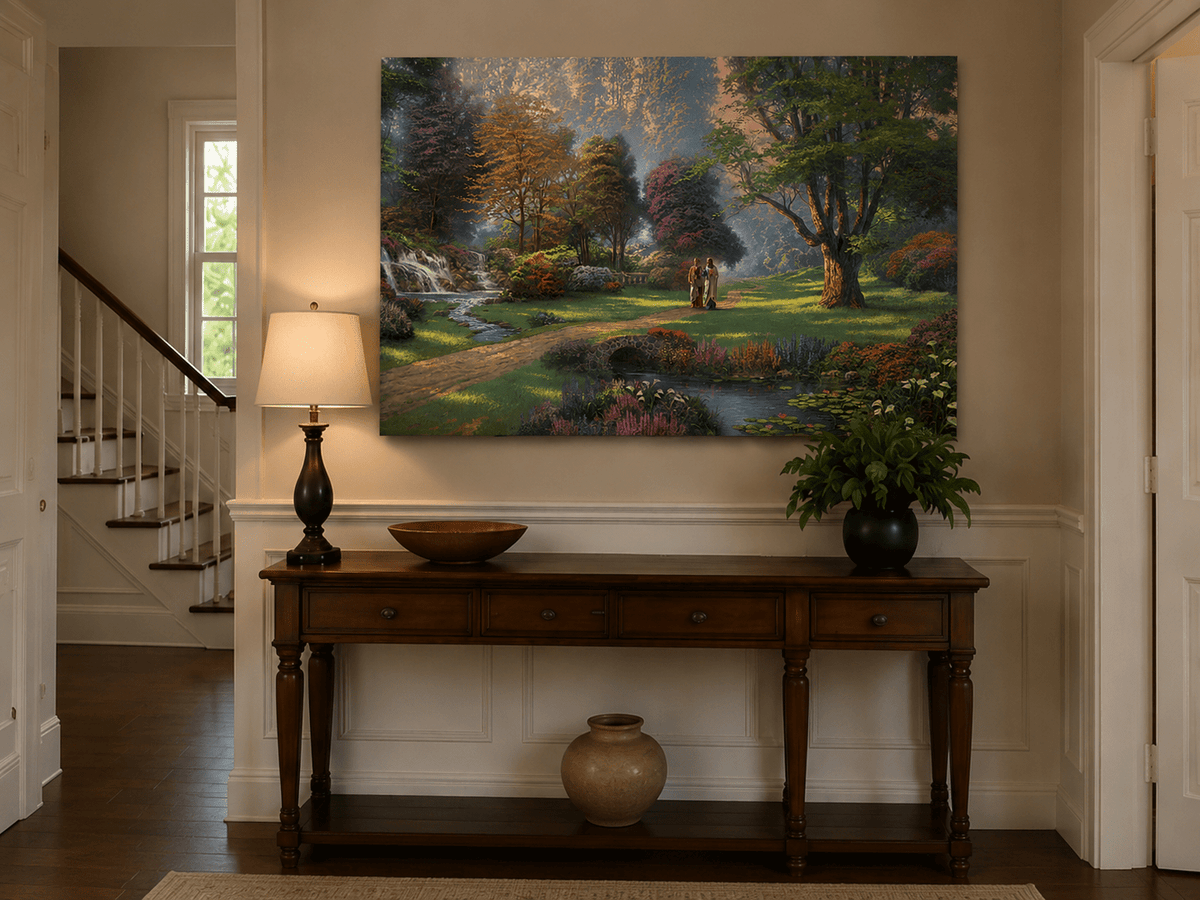 Landscape Oil Painting - Sunlit Garden Waterfall & Robed Figures
