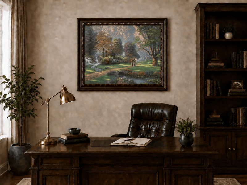 Landscape Oil Painting - Sunlit Garden Waterfall & Robed Figures
