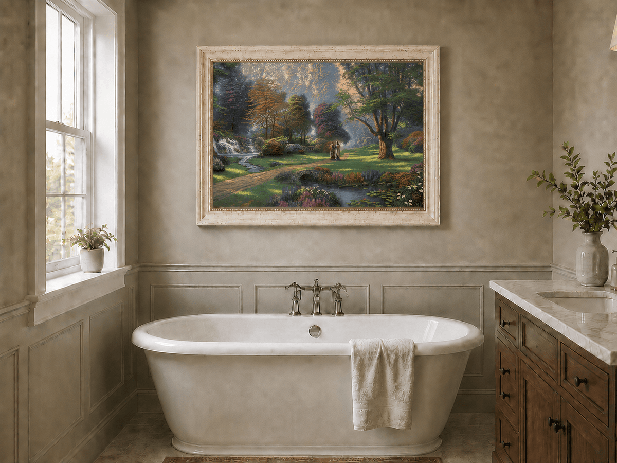 Landscape Oil Painting - Sunlit Garden Waterfall & Robed Figures