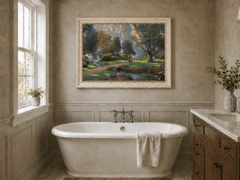 Landscape Oil Painting - Sunlit Garden Waterfall & Robed Figures