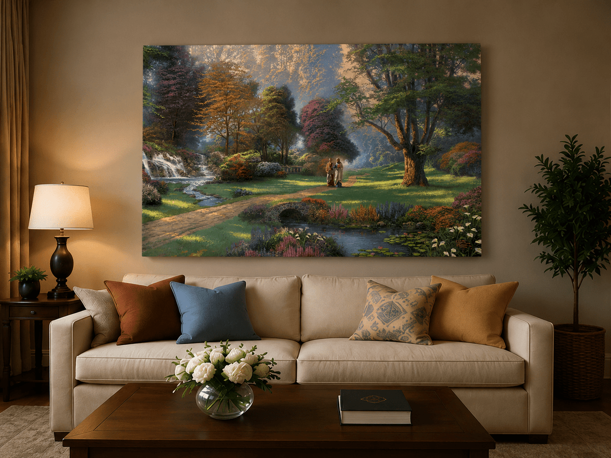 Landscape Oil Painting - Sunlit Garden Waterfall & Robed Figures