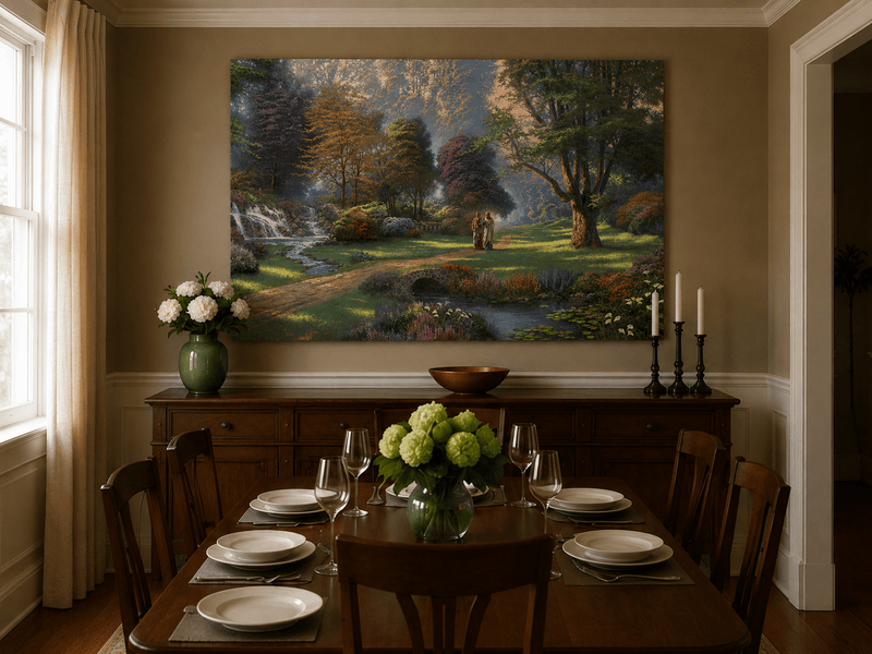 Landscape Oil Painting - Sunlit Garden Waterfall & Robed Figures