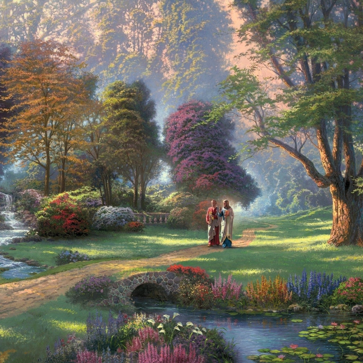 Landscape Oil Painting - Sunlit Garden With Waterfall & Robed Figures - Oil Painting Haven