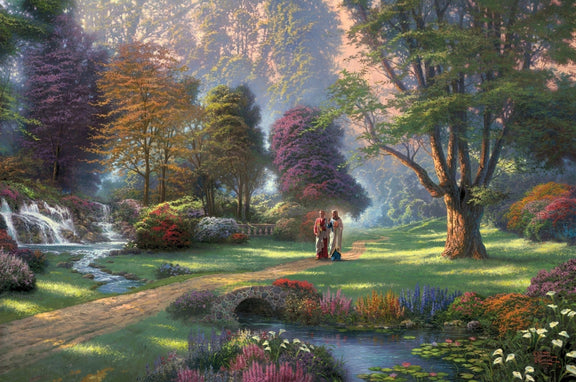 Landscape Oil Painting - Sunlit Garden With Waterfall & Robed Figures - Oil Painting Haven