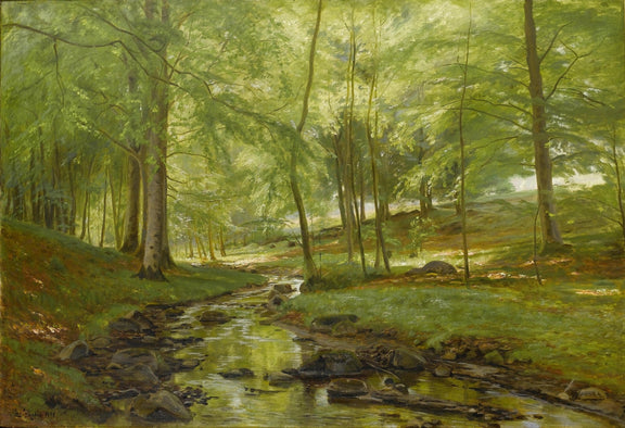 Landscape Oil Painting - Sunlit green forest stream & dappled light - Oil Painting Haven