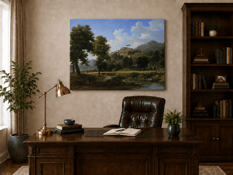 Hand-painted sunlit hill village and river view landscape oil painting displayed above a desk in a home office interior.