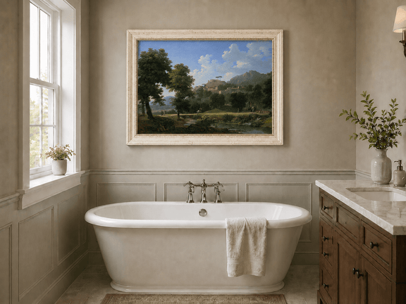 Hand-painted sunlit hill village and river view landscape oil painting displayed in a bathroom interior above a bathtub.