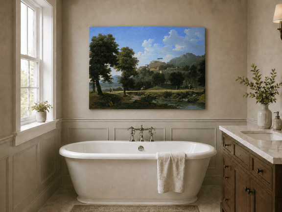 Hand-painted sunlit hill village and river view landscape oil painting displayed in a bathroom interior above a bathtub.
