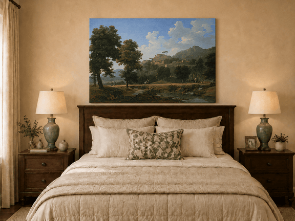 Hand-painted sunlit hill village and river view landscape oil painting displayed above a bed in a bedroom interior.