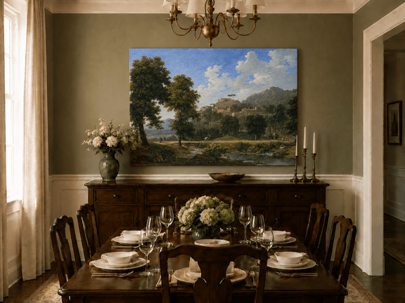 Hand-painted sunlit hill village and river view landscape oil painting displayed in a dining room interior.