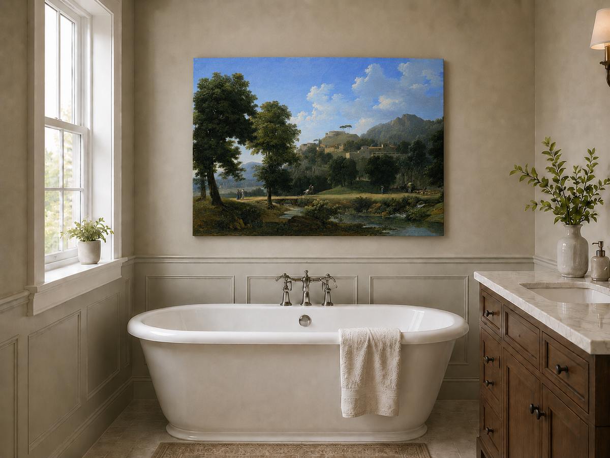 Hand-painted sunlit hill village and river view landscape oil painting displayed in a bathroom interior above a bathtub.