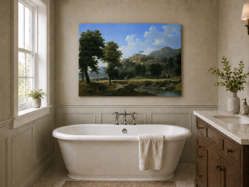 Hand-painted sunlit hill village and river view landscape oil painting displayed in a bathroom interior above a bathtub.