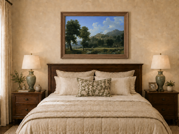Hand-painted sunlit hill village and river view landscape oil painting displayed above a bed in a bedroom interior.
