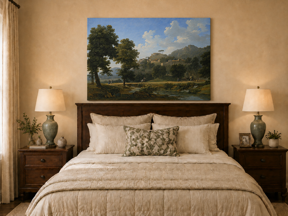 Hand-painted sunlit hill village and river view landscape oil painting displayed above a bed in a bedroom interior.