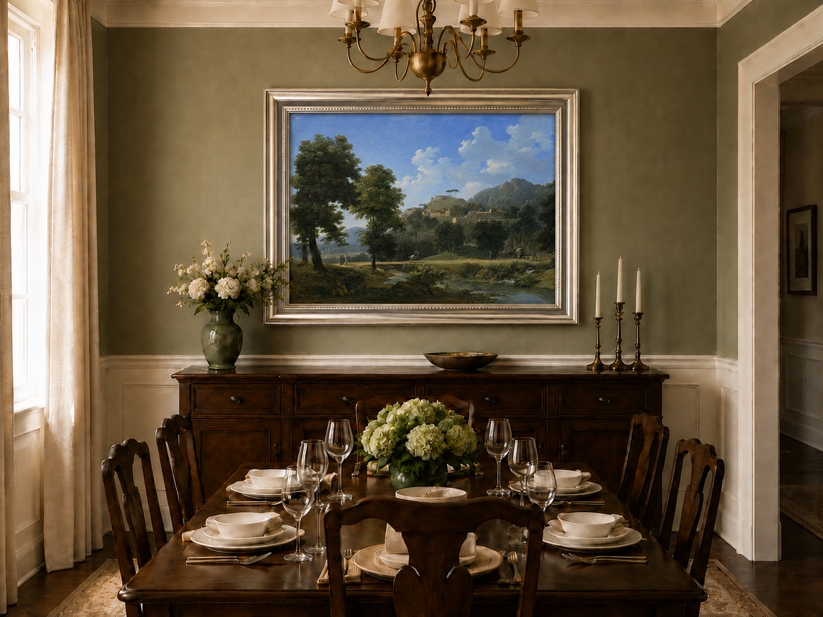Hand-painted sunlit hill village and river view landscape oil painting displayed in a dining room interior.