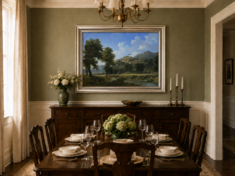 Hand-painted sunlit hill village and river view landscape oil painting displayed in a dining room interior.