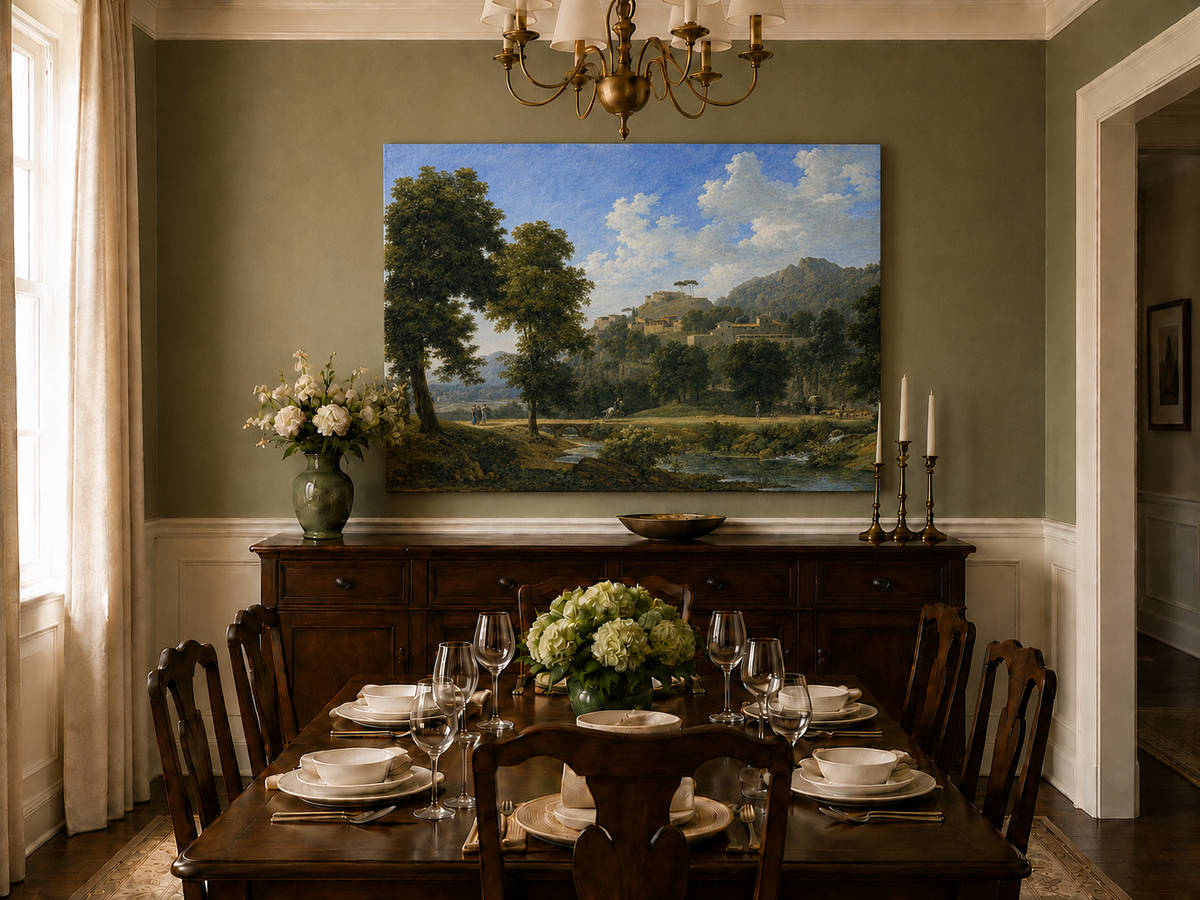 Hand-painted sunlit hill village and river view landscape oil painting displayed in a dining room interior.