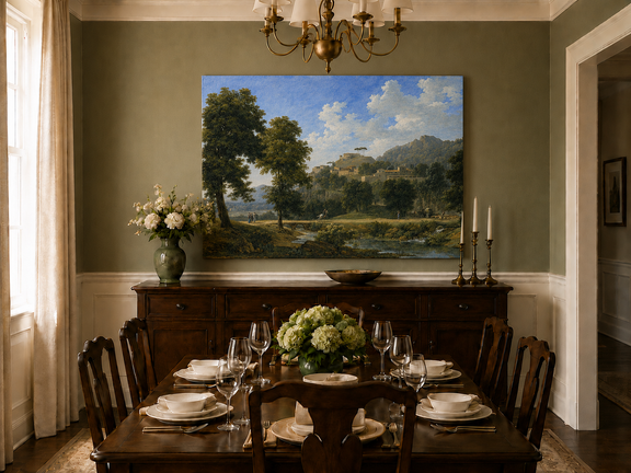 Hand-painted sunlit hill village and river view landscape oil painting displayed in a dining room interior.