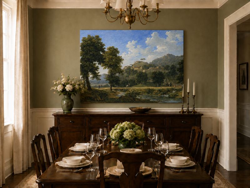 Hand-painted sunlit hill village and river view landscape oil painting displayed in a dining room interior.
