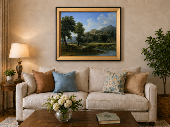 Hand-painted sunlit hill village and river view landscape oil painting displayed above a sofa in a living room interior.