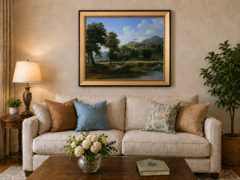 Hand-painted sunlit hill village and river view landscape oil painting displayed above a sofa in a living room interior.