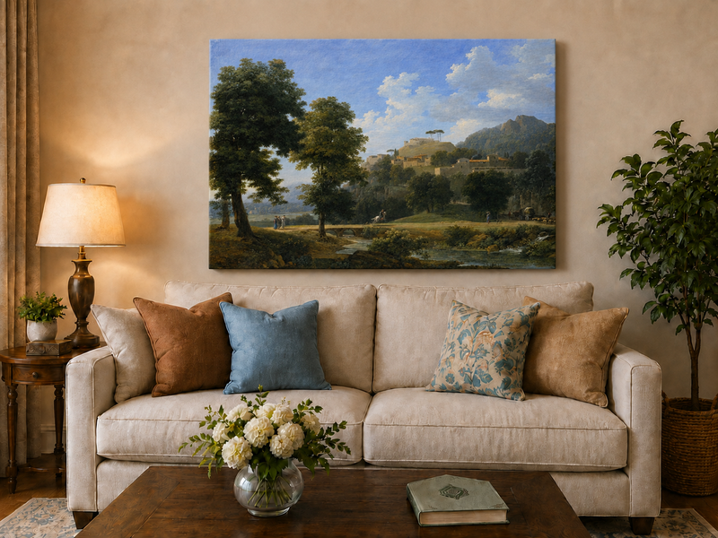 Hand-painted sunlit hill village and river view landscape oil painting displayed above a sofa in a living room interior.