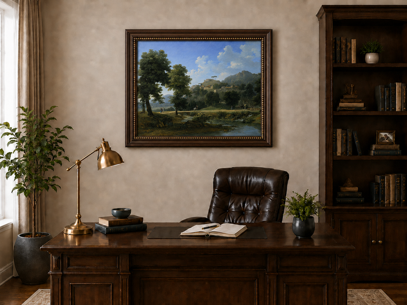 Hand-painted sunlit hill village and river view landscape oil painting displayed above a desk in a home office interior.