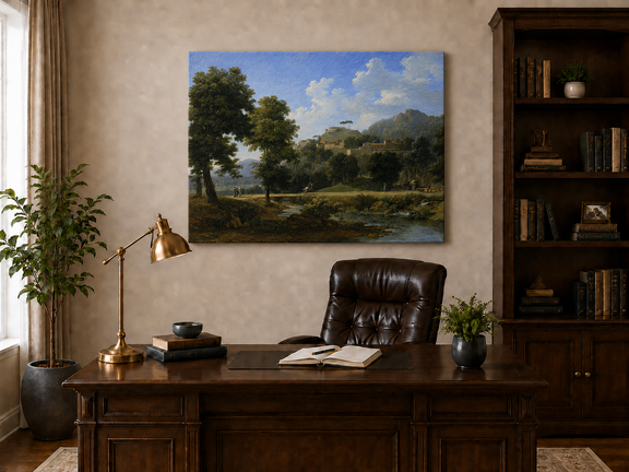 Hand-painted sunlit hill village and river view landscape oil painting displayed above a desk in a home office interior.