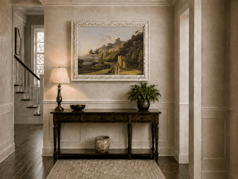 Landscape Oil Painting - Sunlit Hilltop Castle and Figures