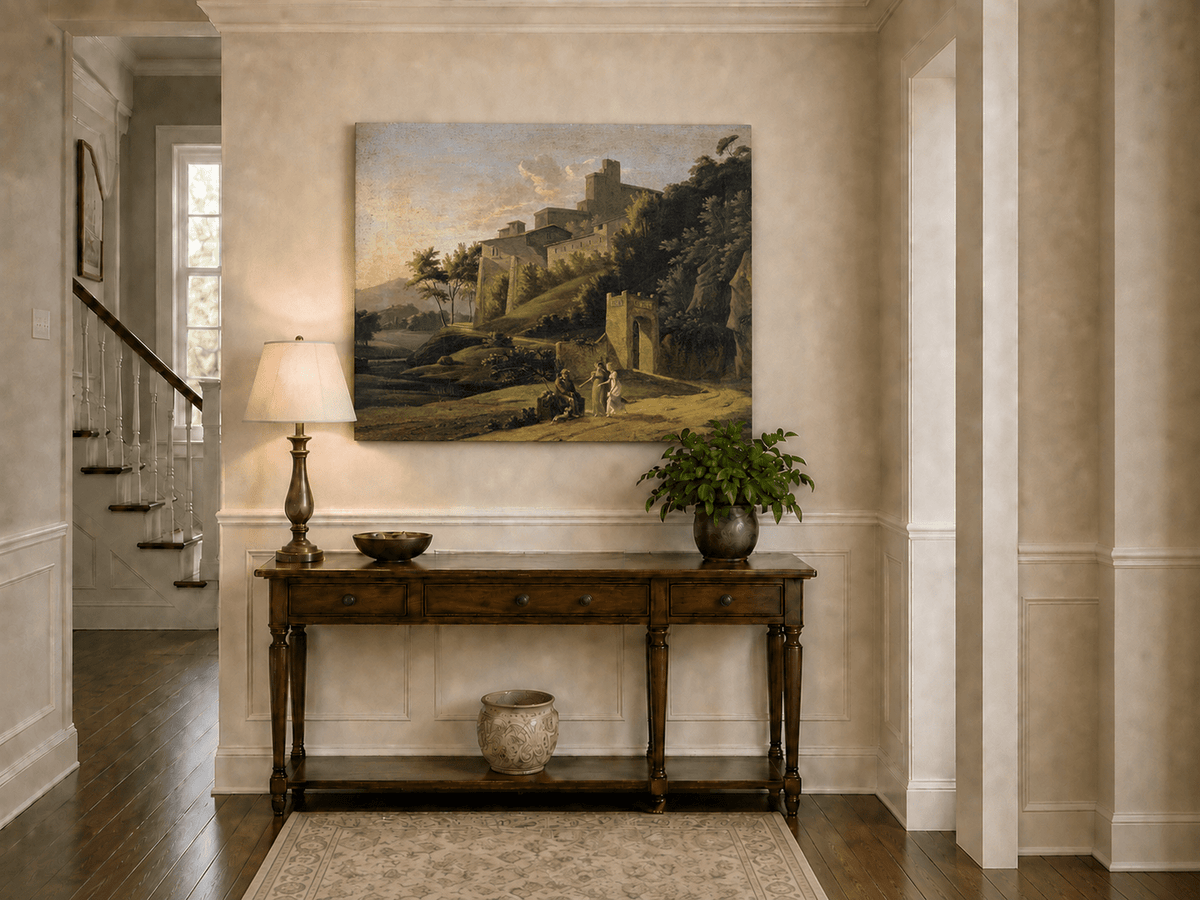 Landscape Oil Painting - Sunlit Hilltop Castle and Figures