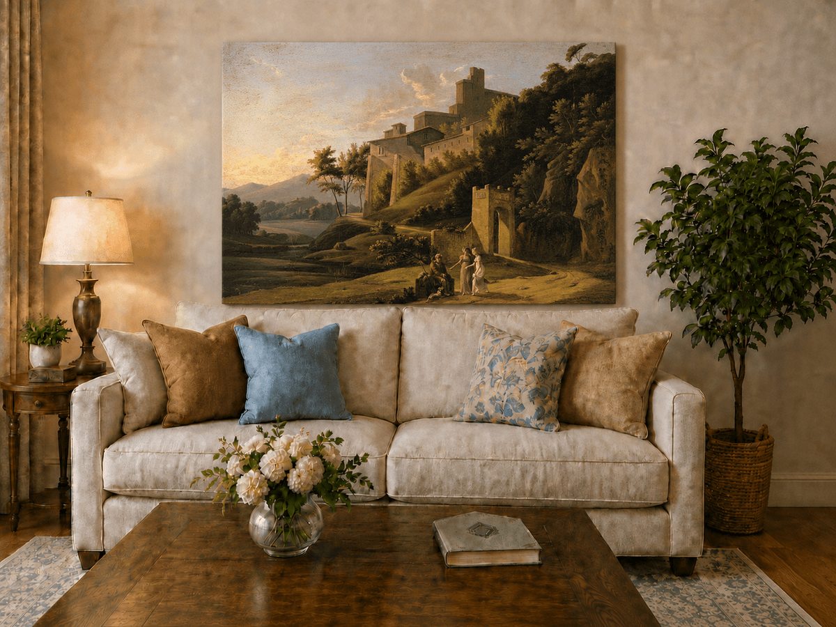 Landscape Oil Painting - Sunlit Hilltop Castle and Figures
