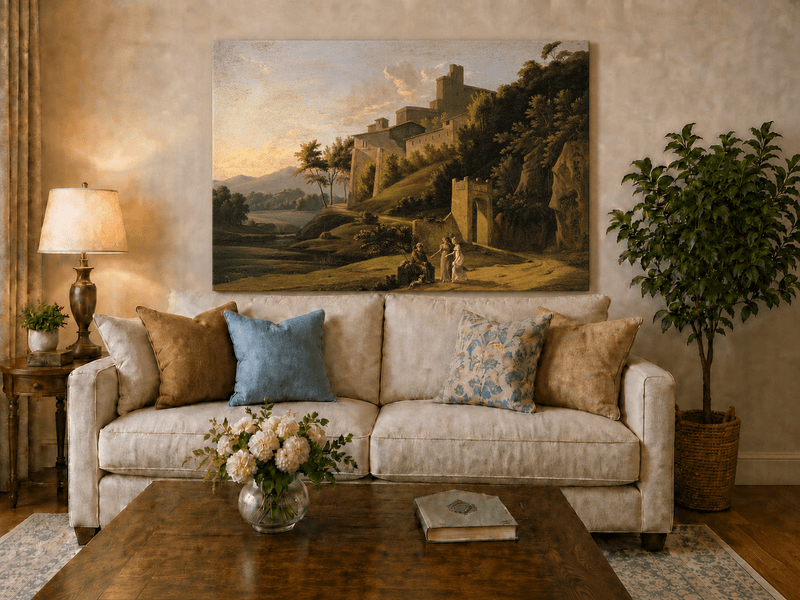 Landscape Oil Painting - Sunlit Hilltop Castle and Figures