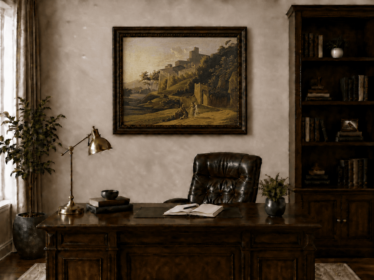 Landscape Oil Painting - Sunlit Hilltop Castle and Figures