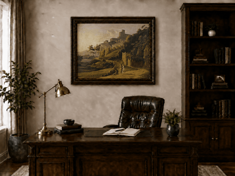 Landscape Oil Painting - Sunlit Hilltop Castle and Figures